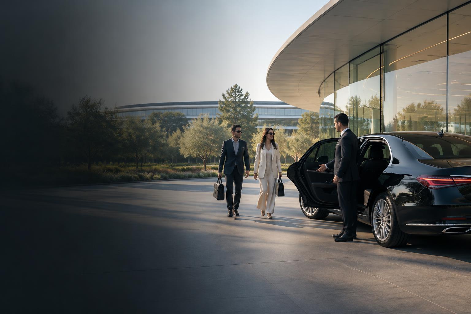 Executive passengers meeting their chauffeur at a curved glass visitor center near Apple Park in Cupertino