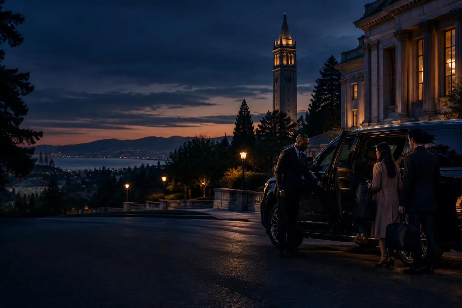 Berkeley arrival scene with a private black chauffeur vehicle prepared for a scheduled transfer