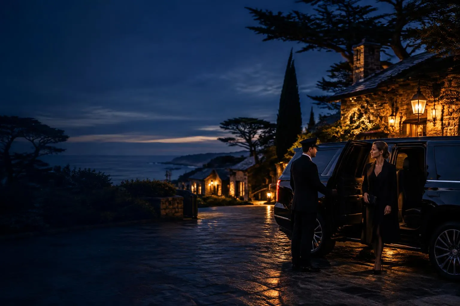 Carmel-by-the-Sea arrival scene with a private black chauffeur vehicle prepared for a scheduled transfer