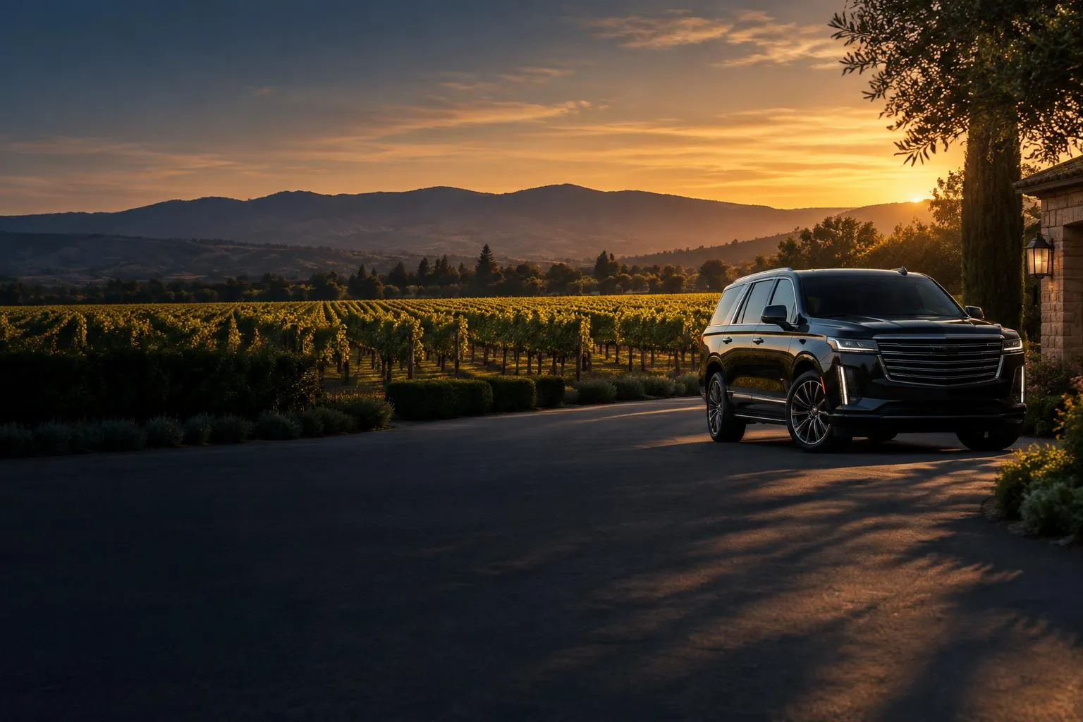 Napa arrival scene with a private black chauffeur vehicle prepared for a scheduled transfer