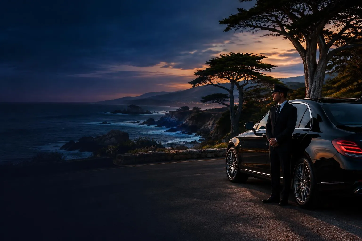 Pebble Beach arrival scene with a private black chauffeur vehicle prepared for a scheduled transfer