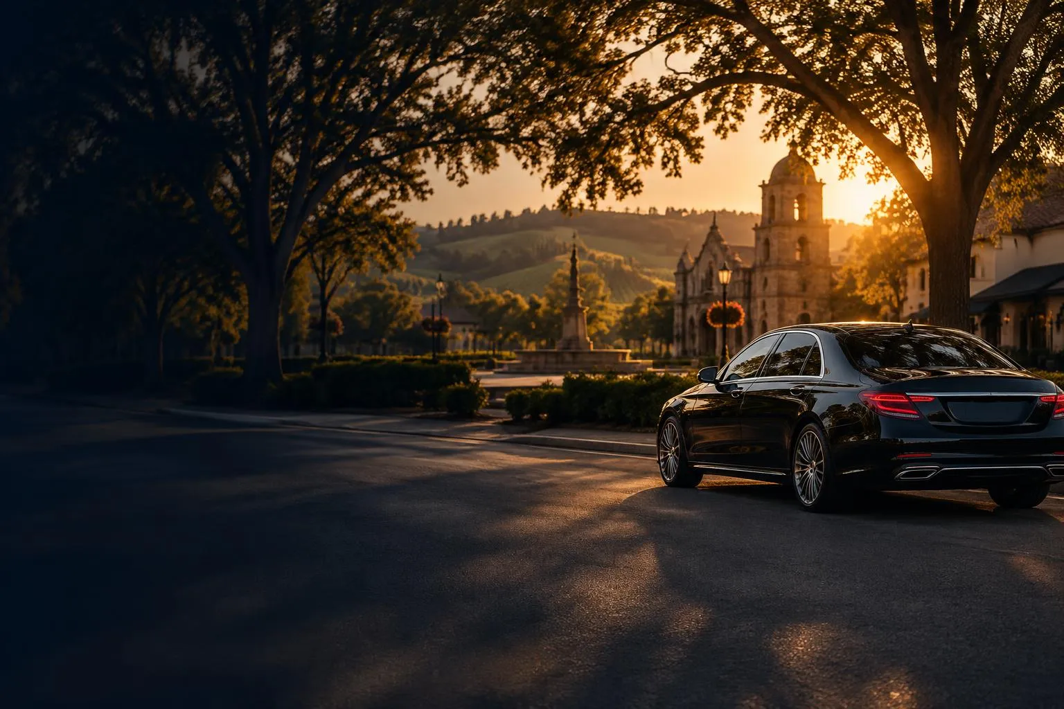 Sonoma arrival scene with a private black chauffeur vehicle prepared for a scheduled transfer