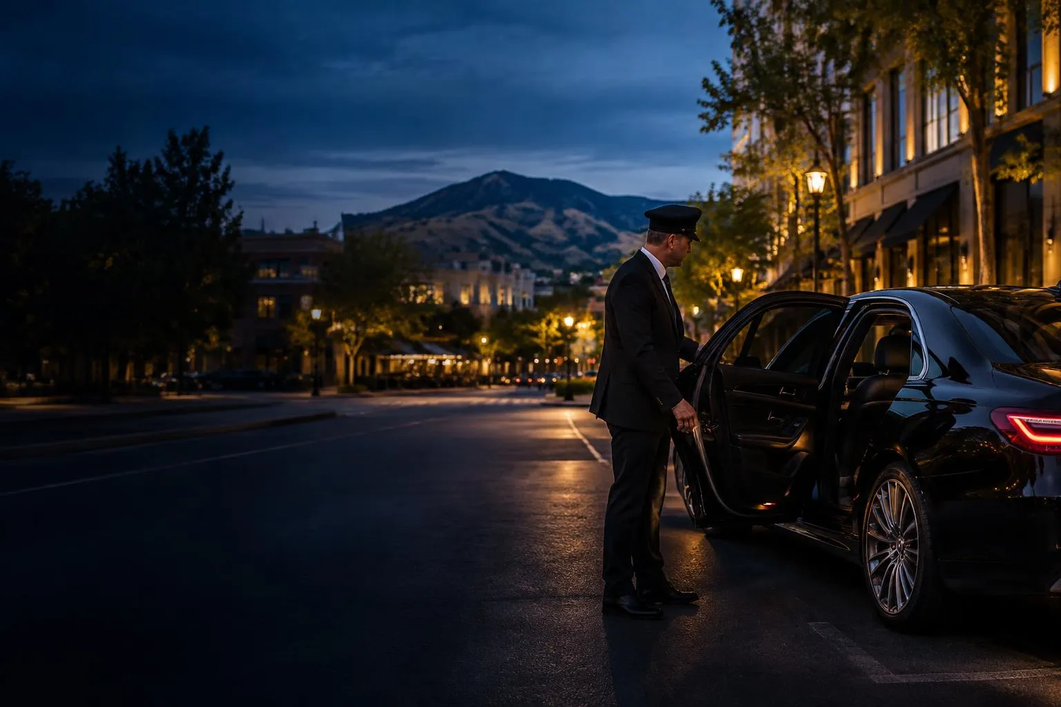 Walnut Creek arrival scene with a private black chauffeur vehicle prepared for a scheduled transfer