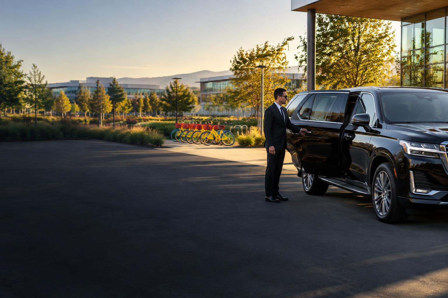 Black chauffeured SUV at a landscaped North Bayshore technology campus near the Googleplex in Mountain View