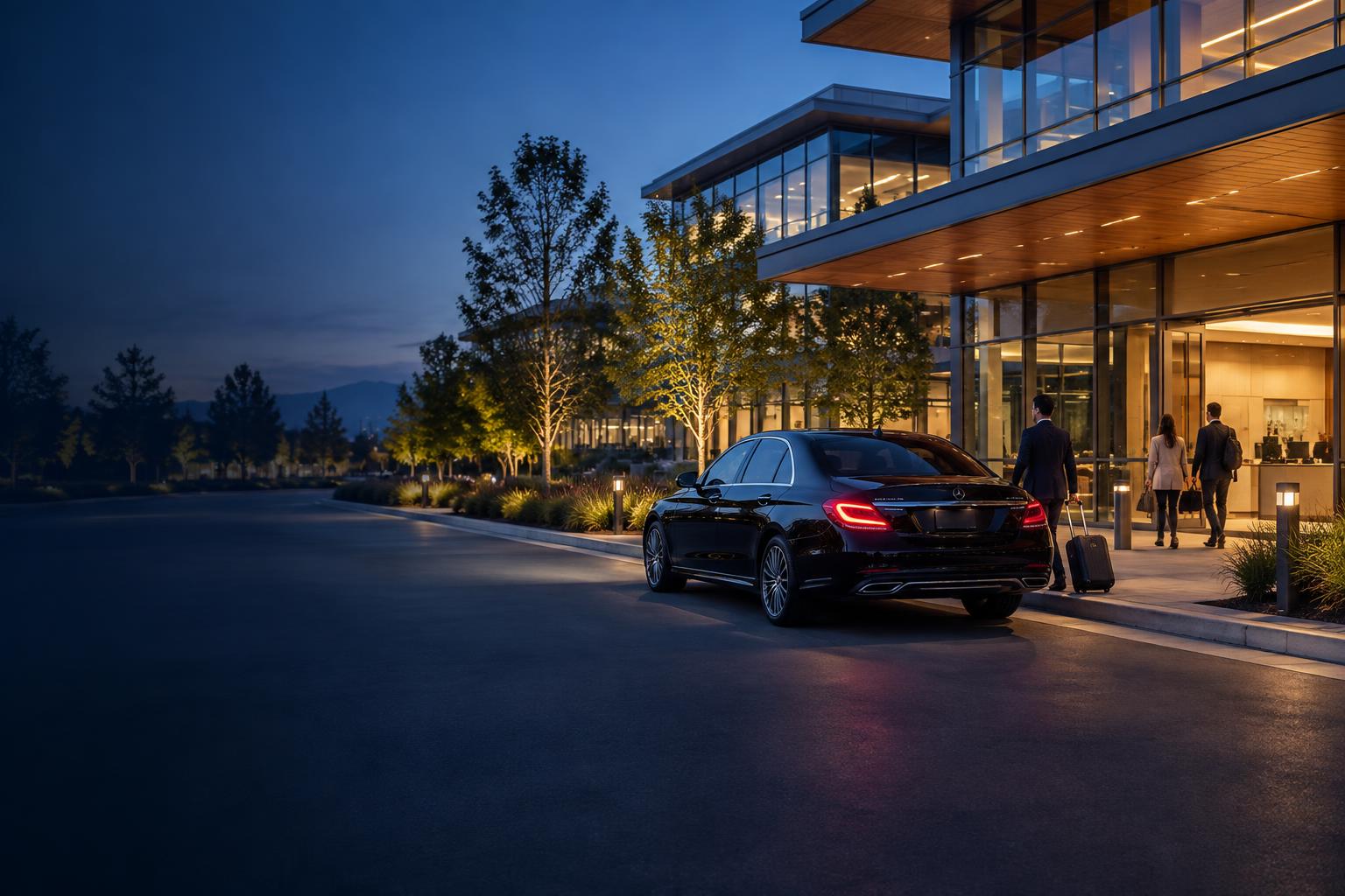 Black executive sedan arriving at a modern West Maude office campus near LinkedIn Sunnyvale at blue hour
