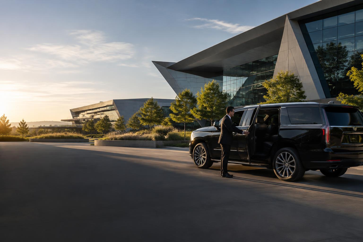 Professional chauffeur opening a black executive SUV outside an angular Santa Clara technology campus near NVIDIA