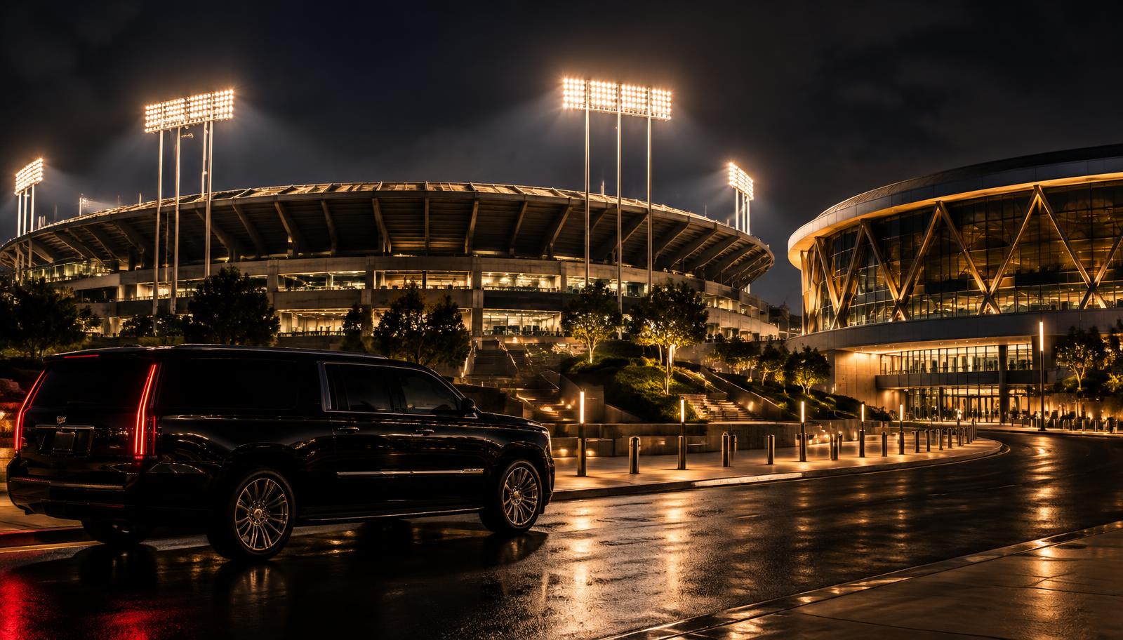 Black chauffeured SUV waiting outside the floodlit Oakland Coliseum and Arena complex at night