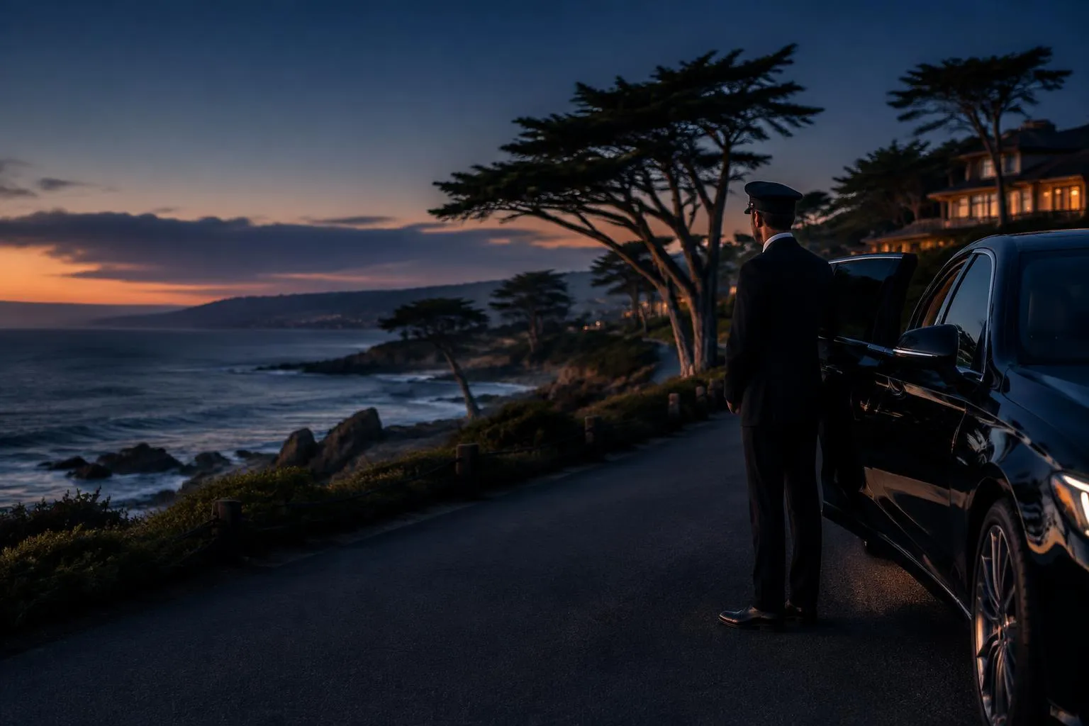 Monterey arrival scene with a private black chauffeur vehicle prepared for a scheduled transfer
