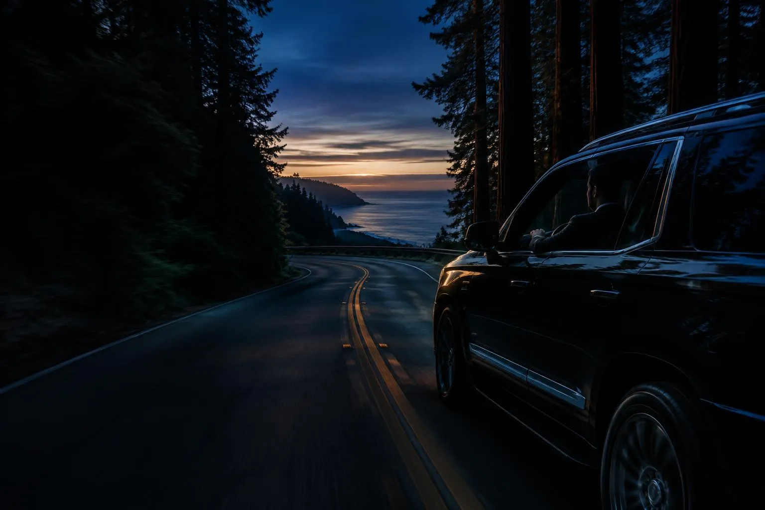 Aptos arrival scene with a private black chauffeur vehicle prepared for a scheduled transfer