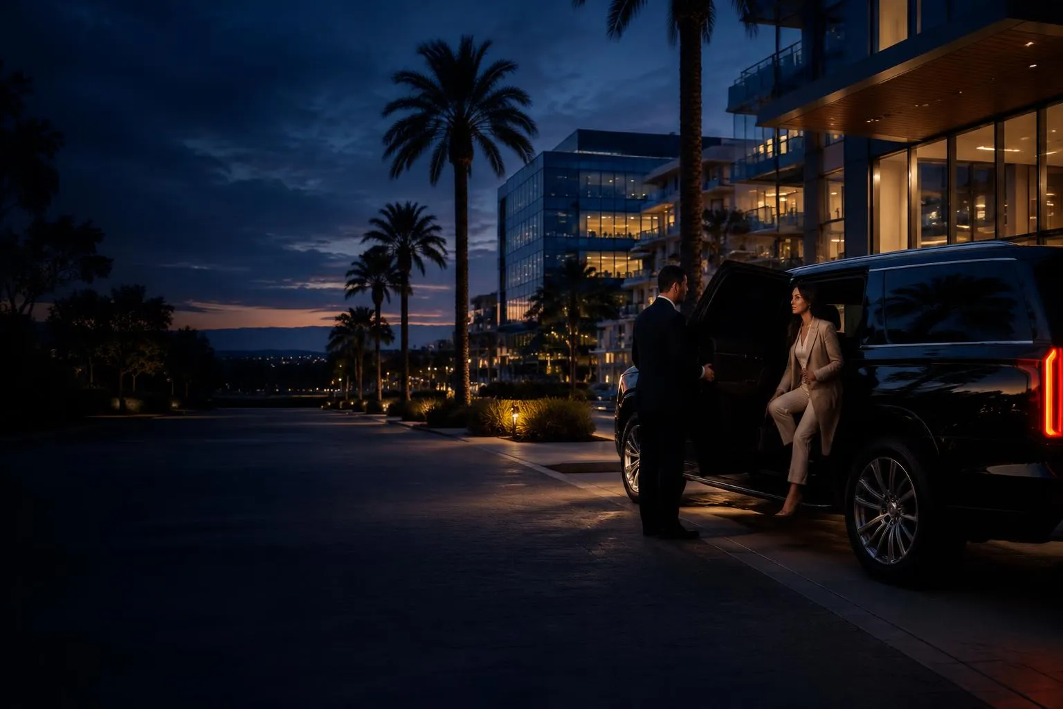 Mountain View arrival scene with a private black chauffeur vehicle prepared for a scheduled transfer
