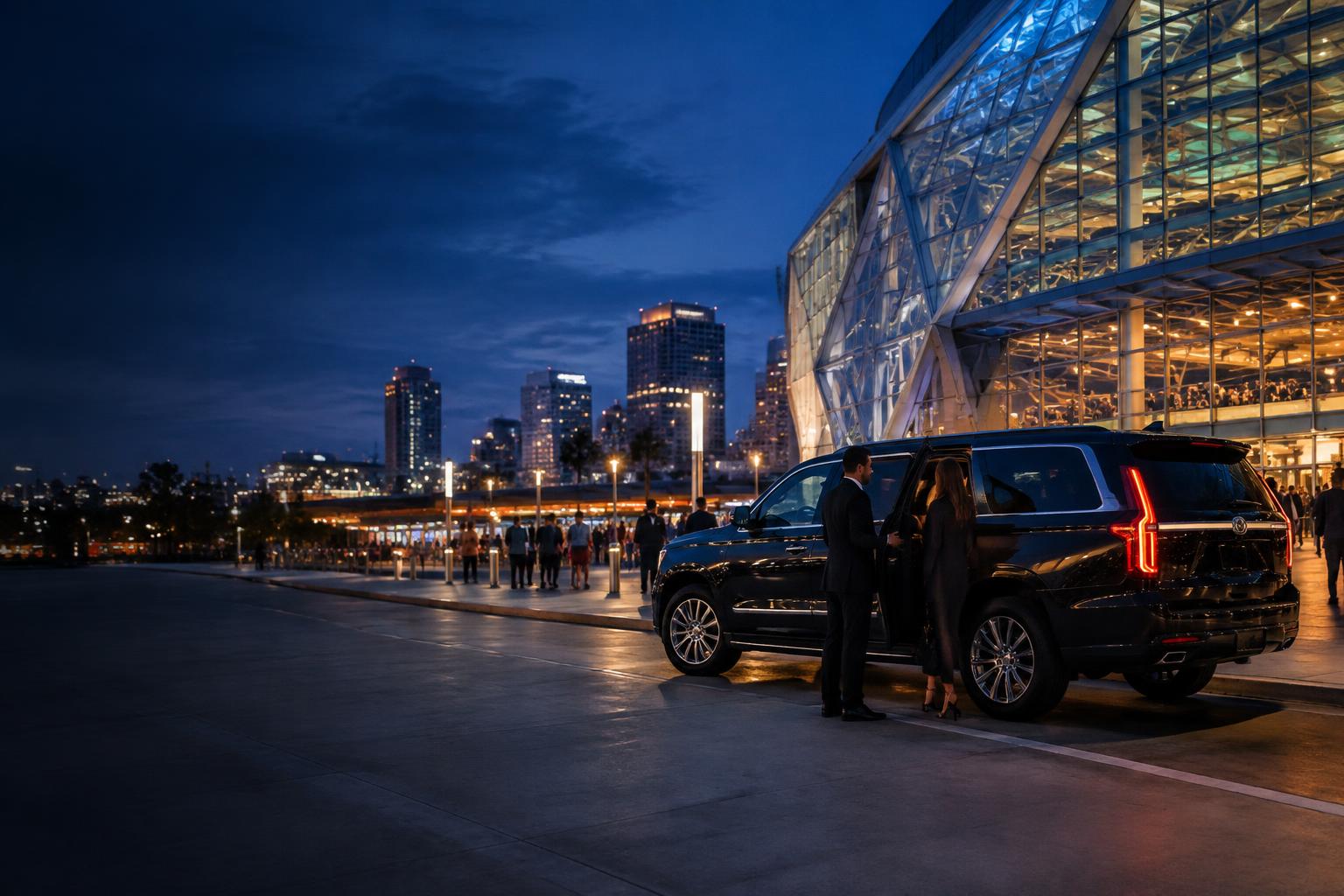 Professional chauffeur greeting passengers beside a black SUV outside SAP Center in downtown San Jose