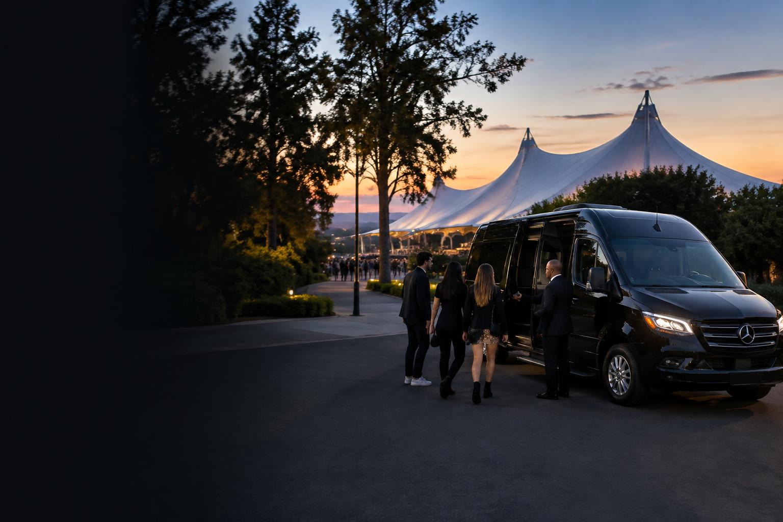Guests boarding a black Mercedes Sprinter near Shoreline Amphitheatre before a Mountain View concert