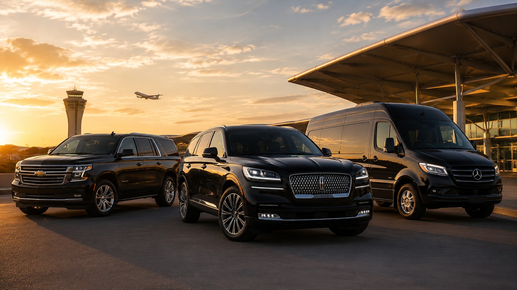San Jose Airport Limo fleet staged outside an airport terminal