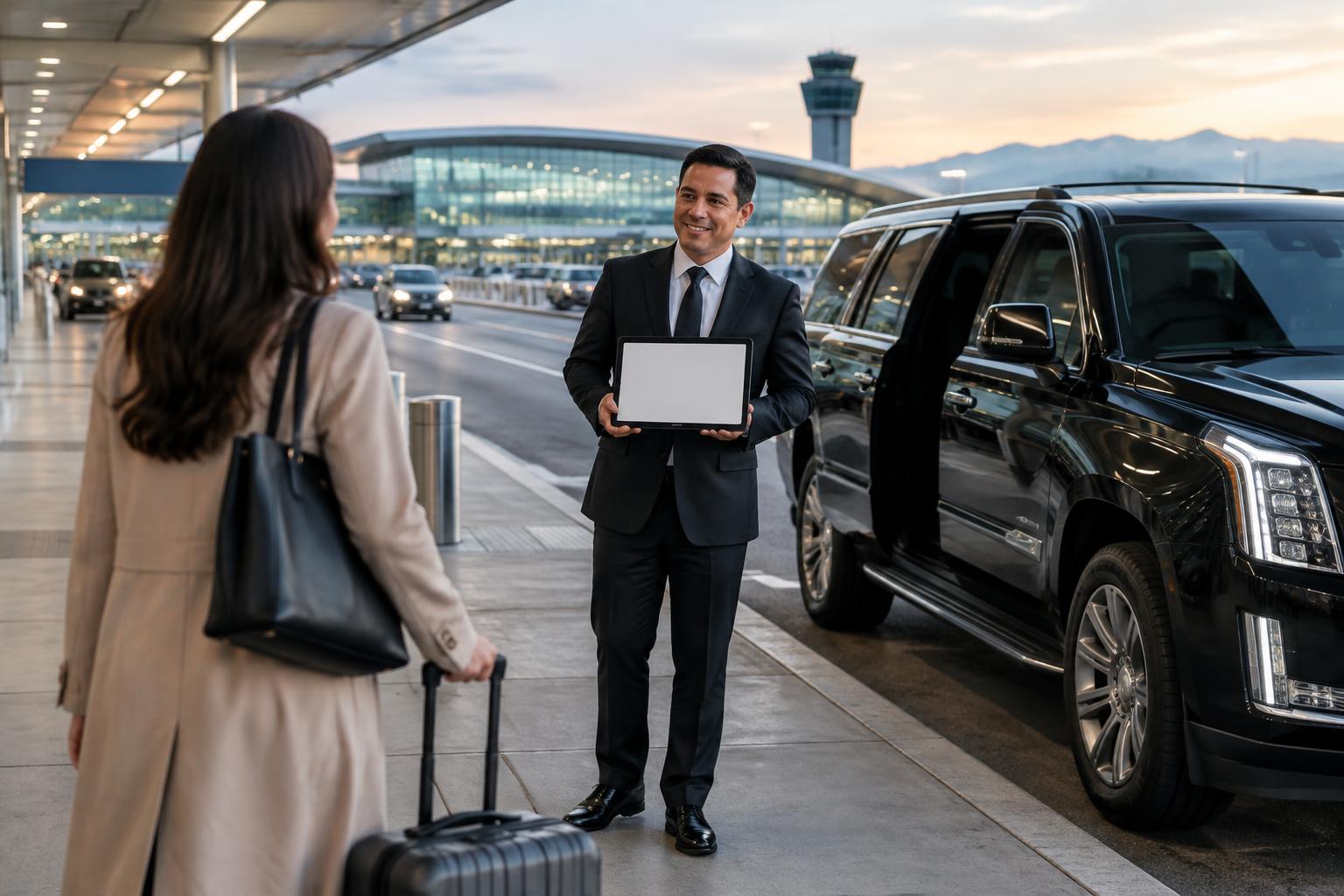 Chauffeur greeting an arriving passenger with luggage beside a black SUV at San Jose airport
