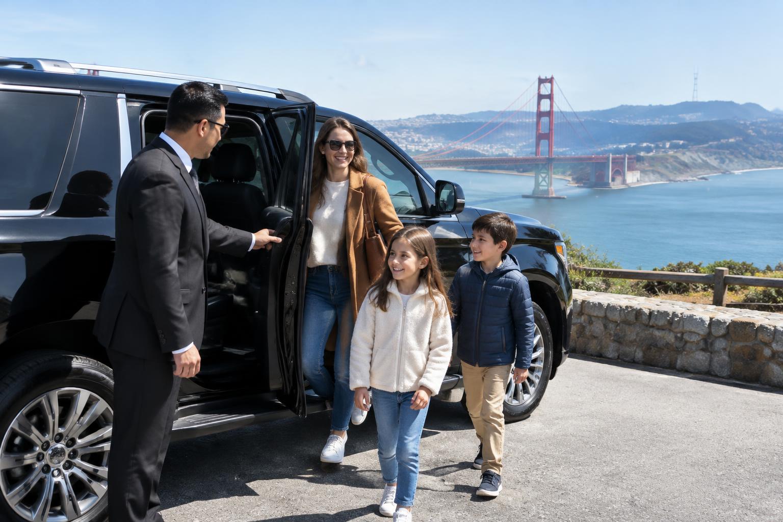 Family stepping from a chauffeured black SUV at a San Francisco overlook facing the Golden Gate Bridge