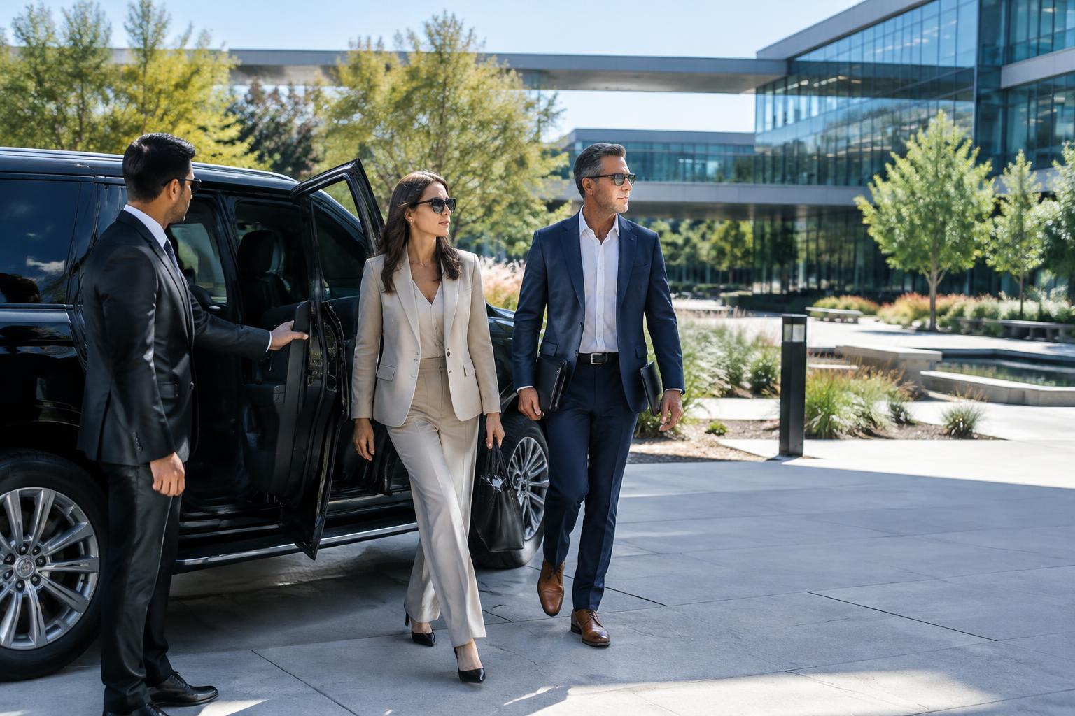Executives arriving by chauffeured black SUV at a modern Silicon Valley corporate campus