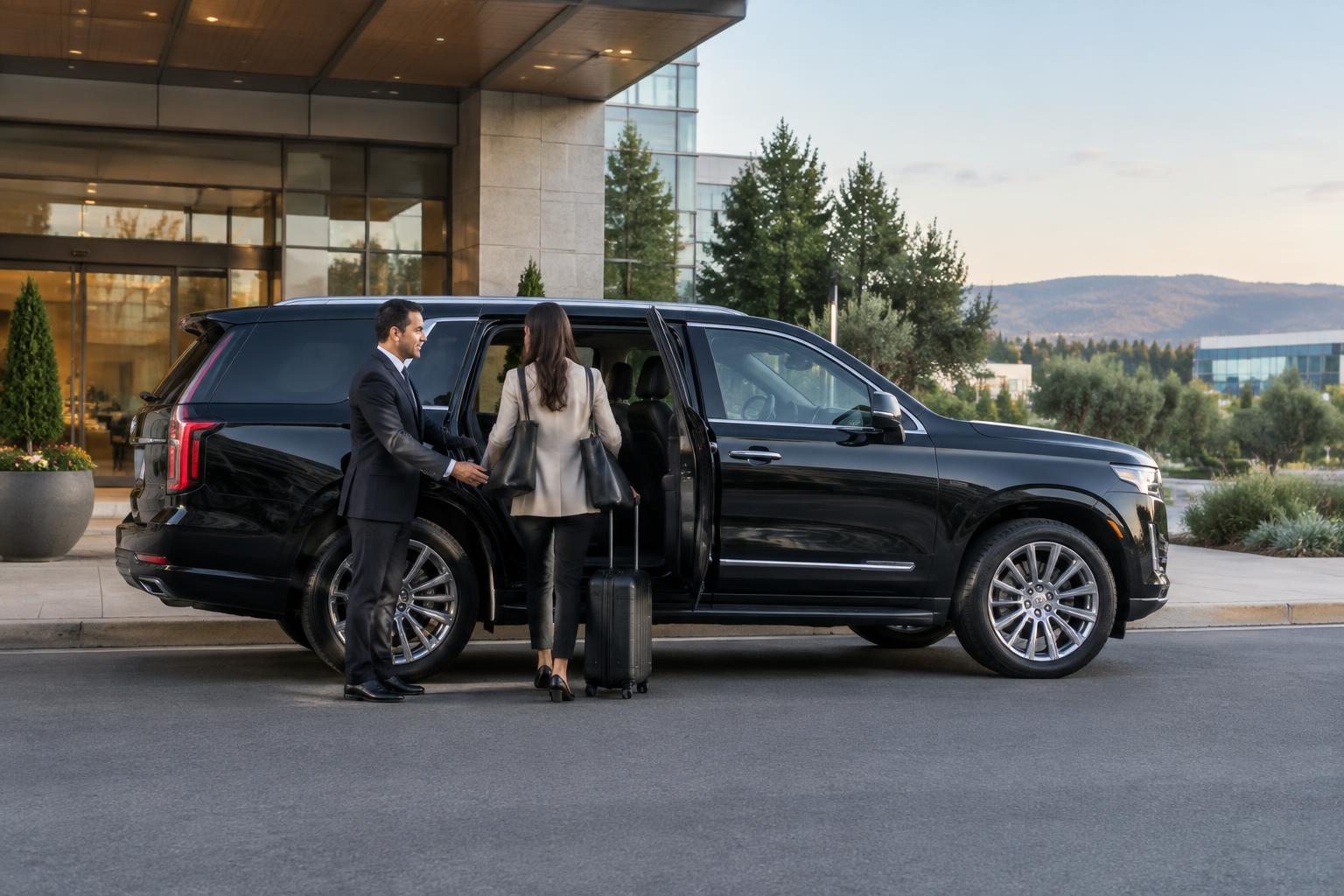 Professional chauffeur opening a black executive SUV for a point-to-point passenger at a Silicon Valley hotel