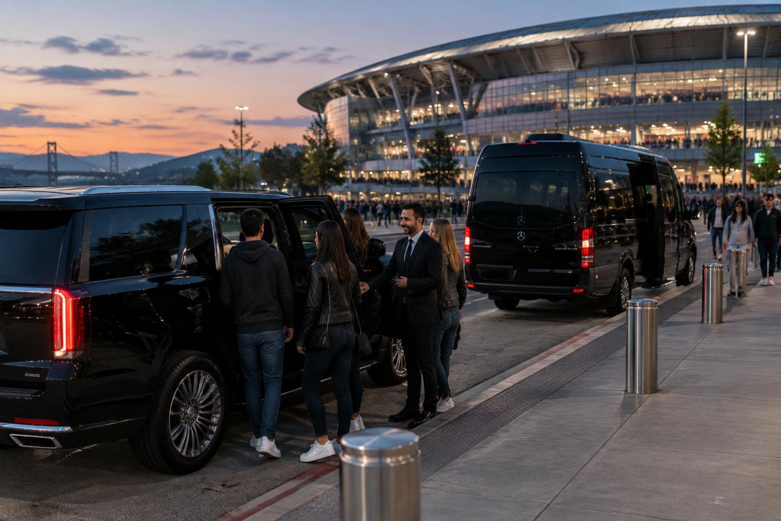 Event guests meeting their chauffeur beside a black SUV and Sprinter outside a Bay Area stadium