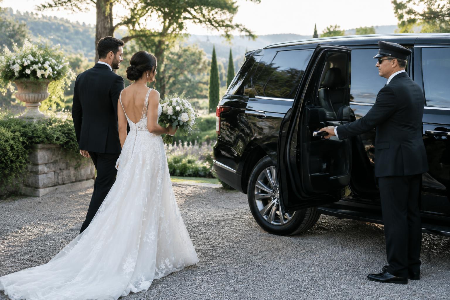 Wedding couple approaching a black luxury SUV held open by their professional chauffeur