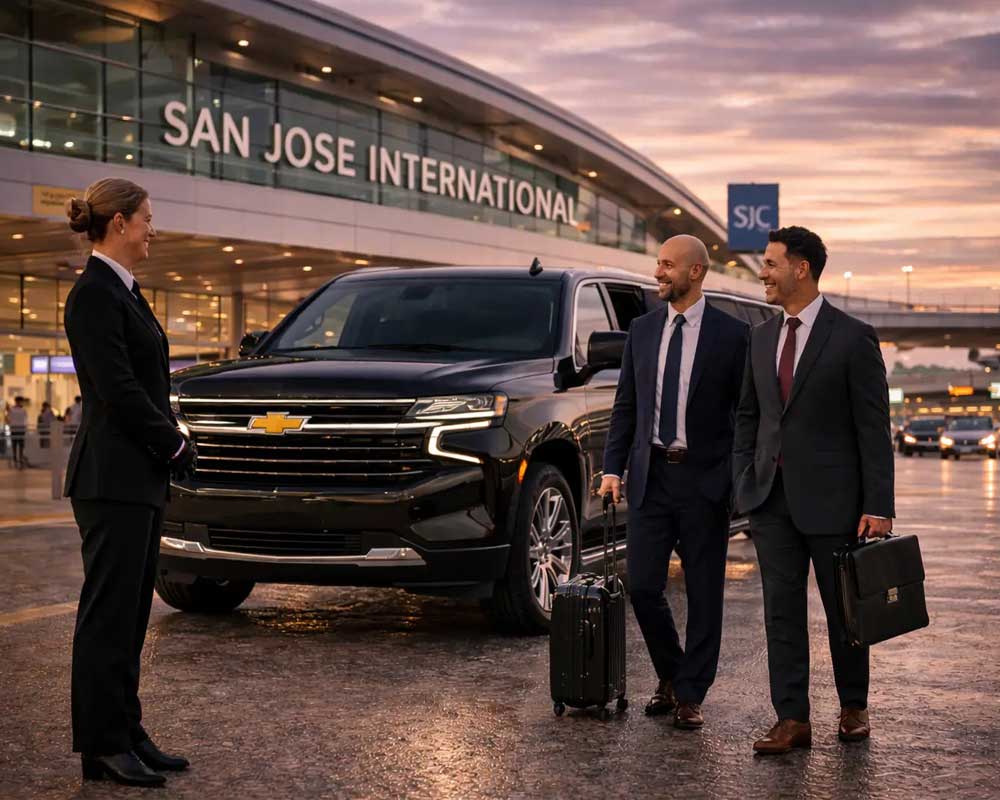 San Jose Airport Limo luxury chauffeur service with Lincoln Aviator sedan, Chevrolet Suburban SUV and Mercedes Sprinter van at SJC Airport Silicon Valley